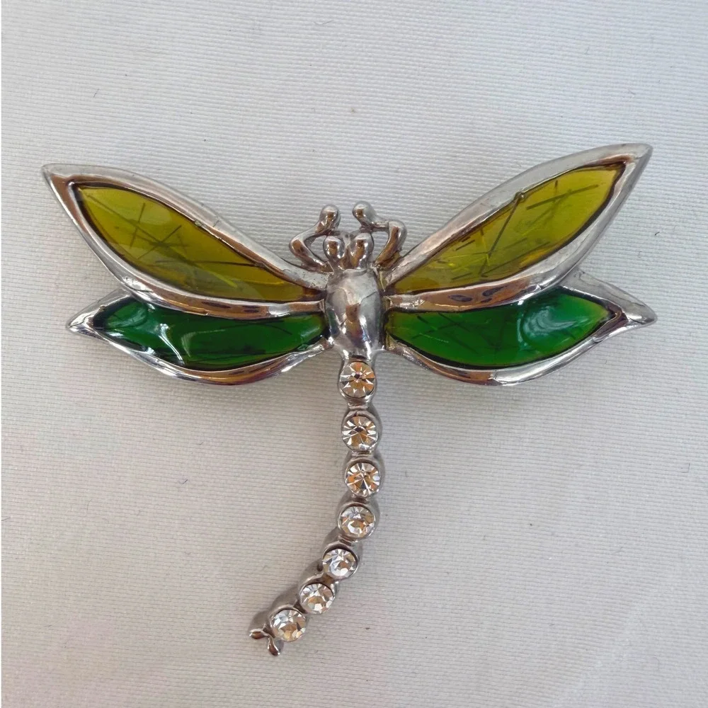 Silver Tone Dragonfly Brooch Green Yellow Enamel Wings Clear Rhinestone 103-235
